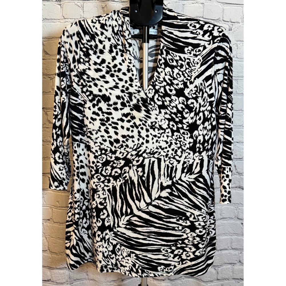 Peter Nygard Womens Black White Animal Print V-Neck Tunic Top 3/4 Sleeve Large